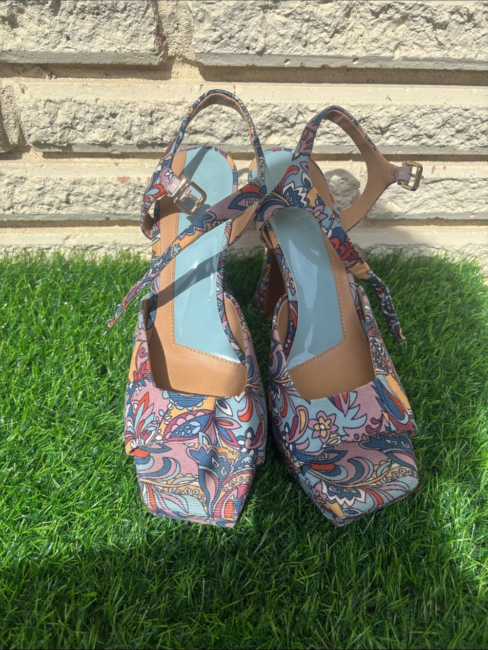 Gianni Bini Pink Multi Paisley Slingback Platform Heels